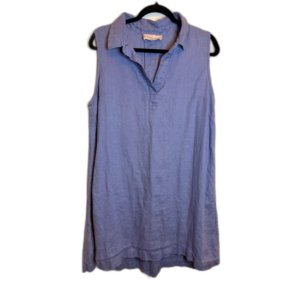 Philosophy Petite XL 100% Linen Periwinkle Blue Sleeveless Collar Dress Coastal